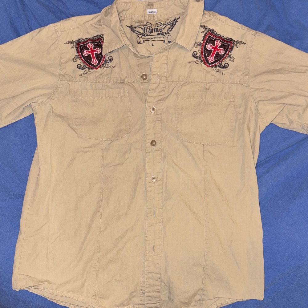 Tan embroidered vintage, rebel army charm button up